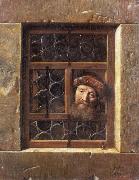 Samuel van hoogstraten Man Looking through a window oil